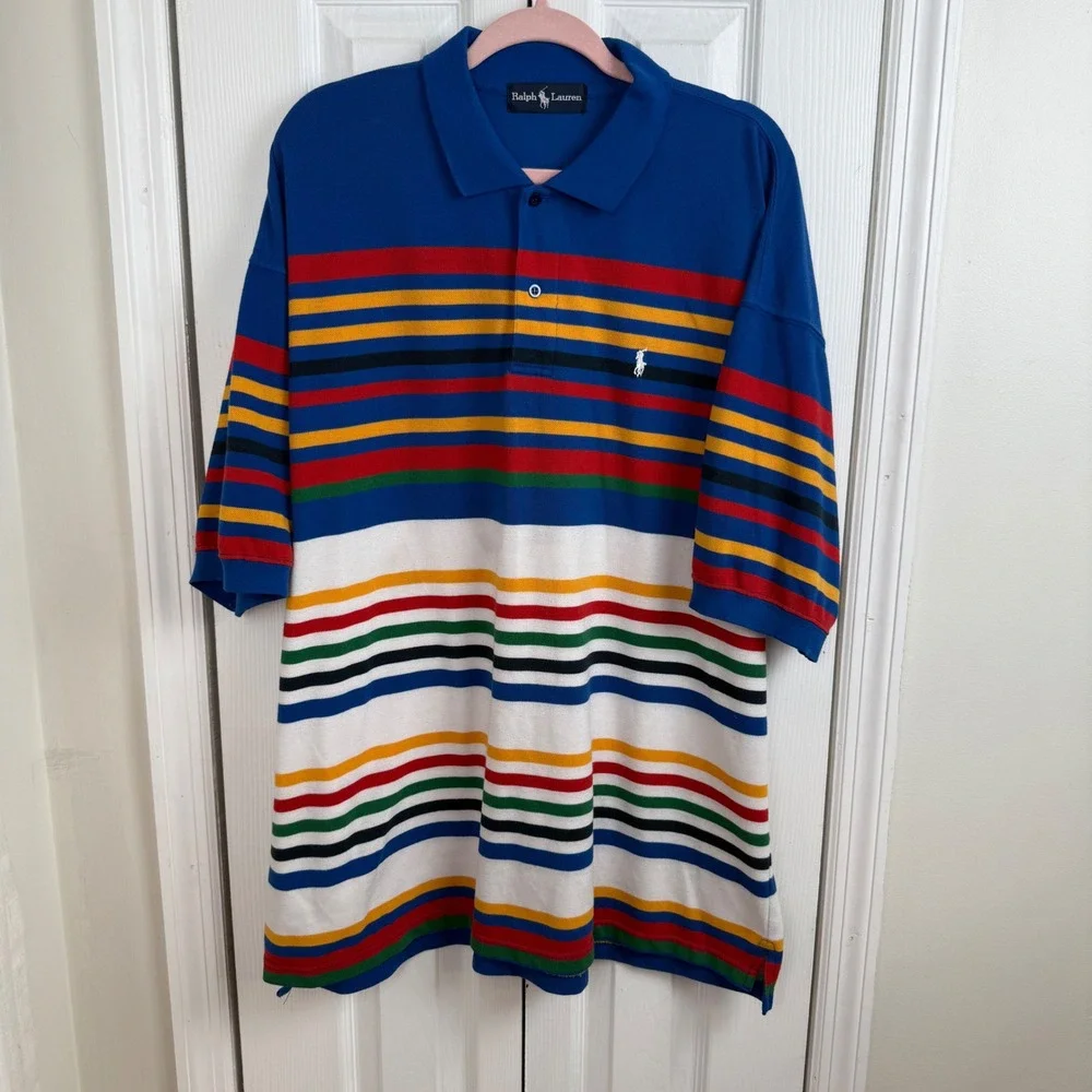 Ralph‎ Lauren Polo Multicolor Striped Rugby Shirt Oversized Blue Mens XL 90s Y2K